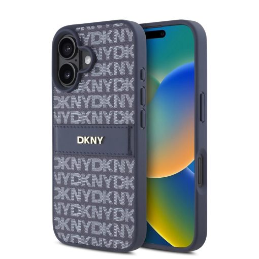 DKNY PU Leather Repeat Pattern Tonal Stripe tok iPhone 16 készülékhez kék