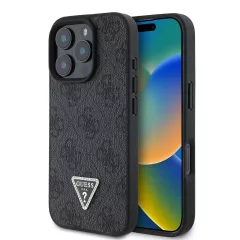   Guess PU 4G Strass Triangle Metal Logo tok iPhone 16 Pro készülékhez fekete