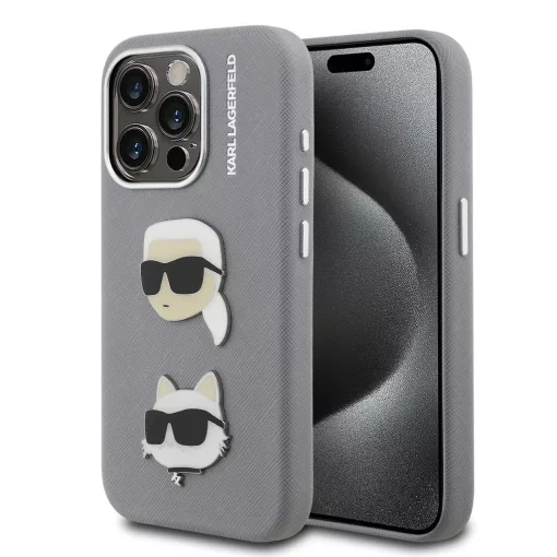 Karl Lagerfeld Grained PU K&CH Heads tok iPhone 15 Pro Max készülékhez szürke