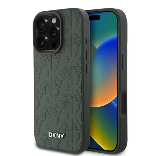 DKNY PU Leather Grid Pattern Magsafe tok iPhone 16 Pro készülékhez zöld
