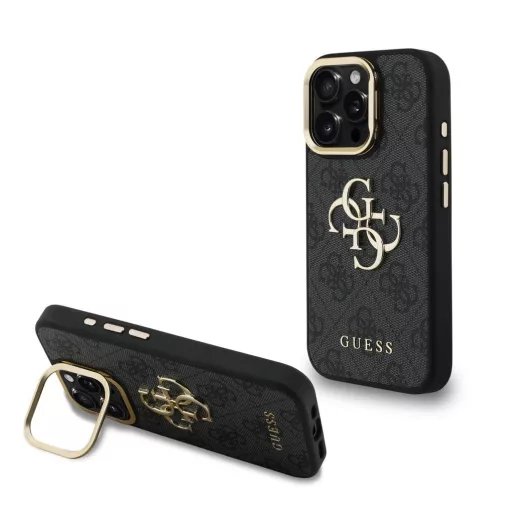 Guess PU 4G Metal Logo Stand Camera Frame tok iPhone 15 Pro készülékhez fekete