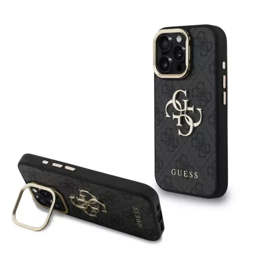 Guess PU 4G Metal Logo Stand Camera Frame tok iPhone 16 Pro készülékhez fekete