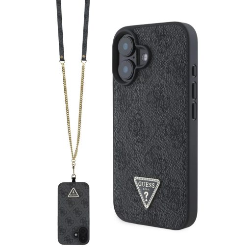 Guess PU 4G Strass Triangle Metal Logo tok + keresztpánt iPhone 16 készülékhez fekete