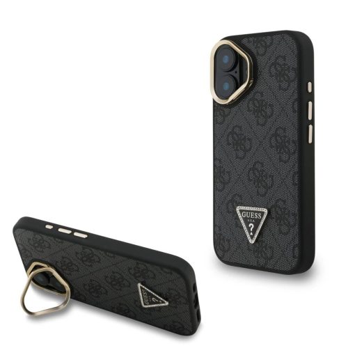 Guess PU 4G Strass Triangle Logo Stand Camera Frame MagSafe Tok iPhone 16 készülékhez fekete
