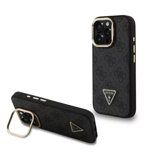 Guess PU 4G Strass Triangle Logo Stand Camera Frame MagSafe tok iPhone 16 Pro készülékhez fekete
