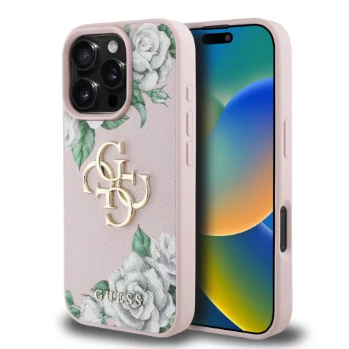 Guess PU Grained Roses 4G Metal Logo tok iPhone 16 Pro készülékhez rózsaszín