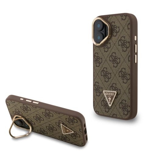 Guess PU 4G Strass Triangle Logo Stand Camera Frame MagSafe tok iPhone 16 készülékhez barna