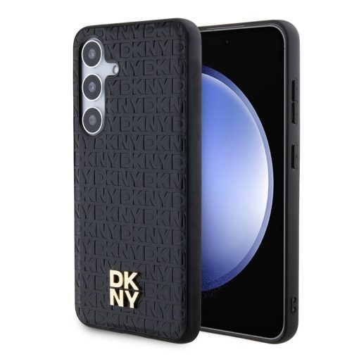 DKNY PU Leather Repeat Pattern Stack Logo Magsafe tok Samsung Galaxy S24+ készülékhez fekete