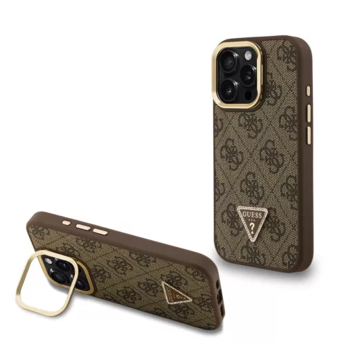 Guess PU 4G Strass Triangle Logo Stand Camera Frame MagSafe tok iPhone 16 Pro készülékhez barna