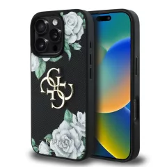   Guess PU Grained Roses 4G Metal Logo tok iPhone 16 Pro készülékhez fekete