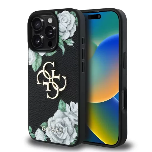 Guess PU Grained Roses 4G Metal Logo tok iPhone 16 Pro készülékhez fekete