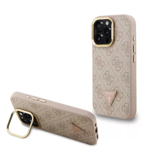 Guess PU 4G Strass Triangle Logo Stand Camera Frame MagSafe tok iPhone 15 Pro Max készülékhez rózsaszín