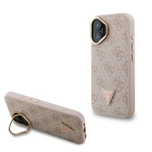Guess PU 4G Strass Triangle Logo Stand Camera Frame MagSafe tok iPhone 16 készülékhez rózsaszín