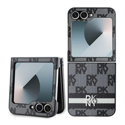 DKNY PU Leather Checkered Pattern and Stripe tok Samsung Galaxy Z Flip 6 készülékhez fekete
