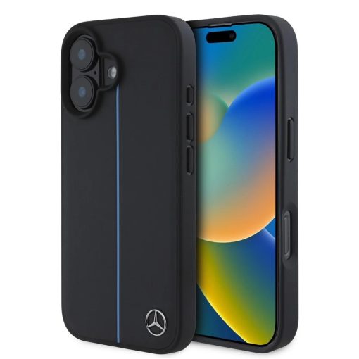 Mercedes Leather Blue Stripe MagSafe tok iPhone 16 készülékhez fekete