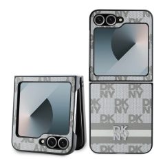   DKNY PU Leather Checkered Pattern and Stripe tok Samsung Galaxy Z Flip 6 készülékhez bézs