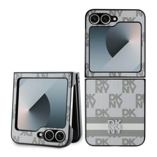 DKNY PU Leather Checkered Pattern and Stripe tok Samsung Galaxy Z Flip 6 készülékhez bézs
