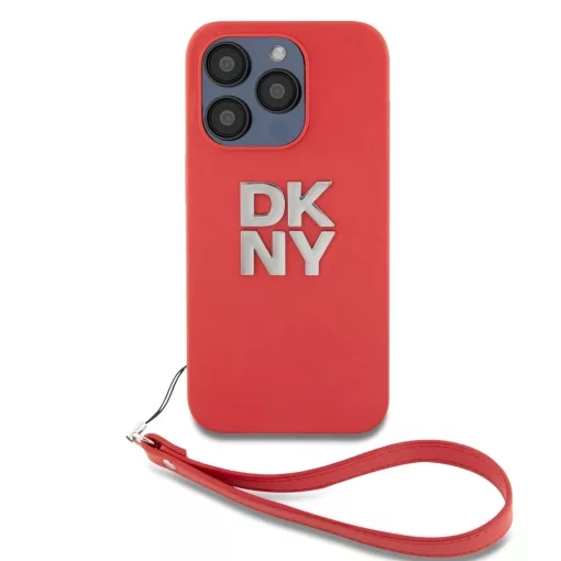 DKNY PU Leather Stack Logo Wrist Strap tok iPhone 15 Pro készülékhez piros