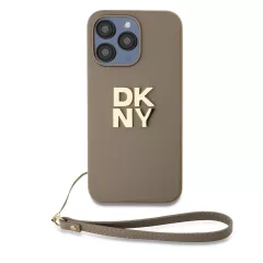   DKNY PU bőr Stack Logo csuklópántos tok iPhone 14 Pro Max készülékhez bézs