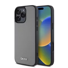   DKNY PU Leather Silver Metal Logo Magsafe tok iPhone 16 Pro készülékhez szürke