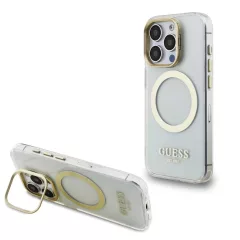   Guess IML Gold Outline Stand Camera Frame MagSafe tok iPhone 15 Pro készülékhez átlátszó
