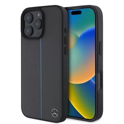 Mercedes Leather Blue Stripe MagSafe tok iPhone 16 Pro készülékhez antracit szürke