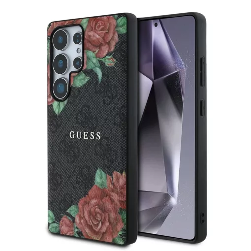 Guess PU Leather 4G Flowers Print Metal Classic Logo MagSafe tok Samsung Galaxy S25 Ultra készülékhez fekete