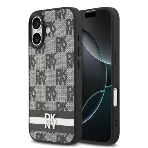DKNY PU Leather Checkered Pattern and Stripe tok iPhone 17 készülékhez fekete