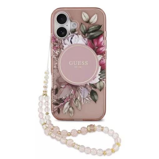 Guess IML Flowers Strap MagSafe tok iPhone 17 készülékhez rózsaszín