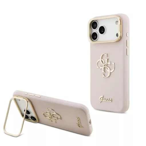 Guess PU Grained 4G Logo Stand Camera Frame tok iPhone 17 Pro Max készülékhez rózsaszín