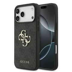   Guess PU 4G fém logós pántos tok iPhone 17 Pro Max készülékhez szürke