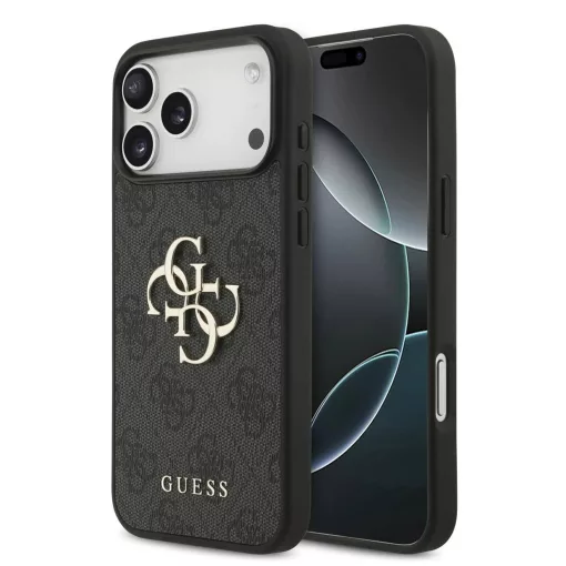 Guess PU 4G fém logós pántos tok iPhone 17 Pro Max készülékhez szürke