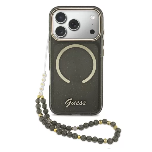 Guess IML Glitter Script Strap MagSafe tok iPhone 17 Pro készülékhez fekete