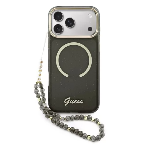 Guess IML Glitter Script Strap MagSafe tok iPhone 17 Pro Max készülékhez fekete