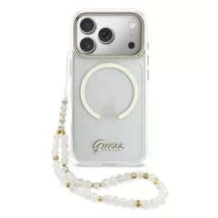   Guess IML Glitter Script Strap MagSafe tok iPhone 17 Pro készülékhez átlátszó