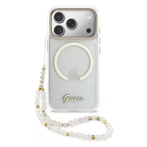 Guess IML Glitter Script Strap MagSafe tok iPhone 17 Pro Max készülékhez átlátszó