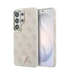   Guess PU bőr mágneses tok 4G strasszköves háromszög logóval, arany keretes Samsung Galaxy S26 Ultra készülékhez, rózsaszín