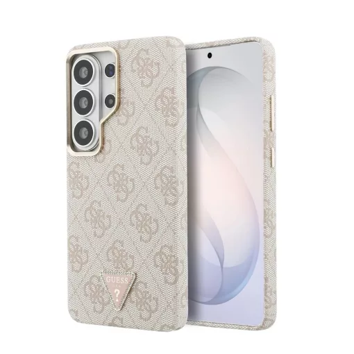 Guess PU bőr mágneses tok 4G strasszköves háromszög logóval, arany keretes Samsung Galaxy S26 Ultra készülékhez, rózsaszín