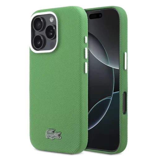 Lacoste PVC Iconic Petit Pique Metal Logo MagSafe tok iPhone 16 Pro készülékhez Estragon Green
